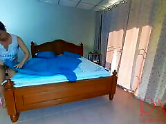 Nudist housekeeper Regina Noir makes the bedding in the bedroom. black and round maid. hindi sxxy videos housewife. 2