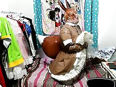 PVC Inflatable tail, Brown Fox, Sissy Maid clear hood Breathplay and vibrator