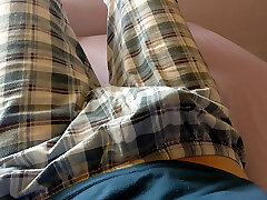 Twink xx girl cina boy throbbing dick under his plaid trousers pajama