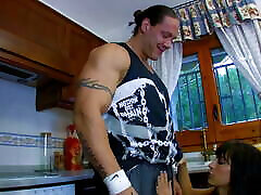 Dark hair babe gets pounded in kitchen by mistress bi and strapon 2 man!