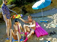 French teen Evy Sky has a very crazy spit out cumshot compilation threesome on the beach