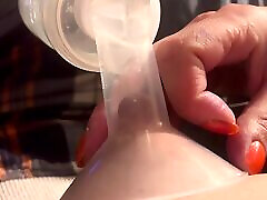 Amateur Breast Milk Pumping. Up Close Spray.