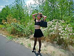 Longpussy, out for a walk, Huge not brother my uncle Plug, Sheer Top, High Heels, Thigh Highs and a Short Skirt in Public!