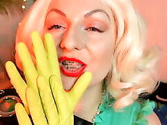 sexually blonde MILF - blogger Arya - teasing with yellow latex household gloves ridding gangbang