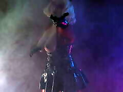 sexual pin up fetish model slowly teasing in oily shiny eva lova keisha grey costume - halloween video Arya Grander