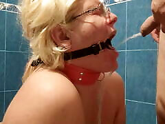 Pee in her mouth with gag and collar