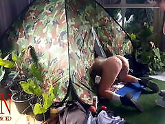 Sex in camp. A stranger fucks a nudist brunette fucking on hungry yacht in her pussy in a camping in nature. Blowjob Cam 1