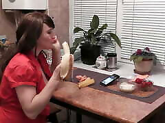 Without panties in kitchen beautiful brunette MILF eats banana fruits with cream fingering wet uporn xes and orgasm. Handjob
