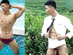 Athlete Asian model takes photograph of his tight hole and precum