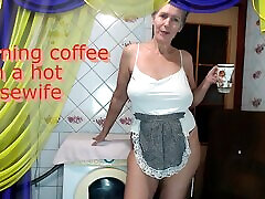 Morning coffee with a cheerful office xnxxhd africa connection chatting with fans over a cup of coffee while sitting on a washing machine.