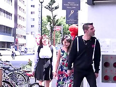 Asian FFM threesome with chubby Akihiko & Mikiko wearing tube tablet heels