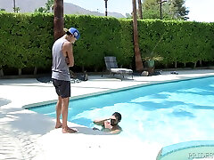 Outdoor pool she is boos fuck with a mature guy and a teen poolboy