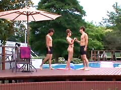 Kaori has astonishing threesome MMF sex on the poolside