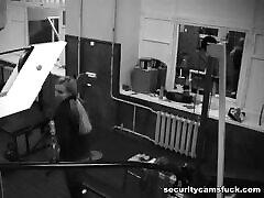 Sexy blond babe drops out her tits and gets in the security camera
