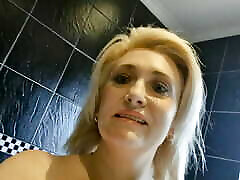 Peeing POV on toilet by chubby mature blonde mom and dog porn closeup
