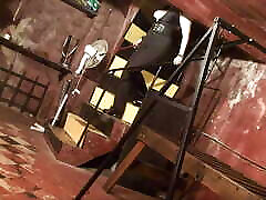 Mistress Megan torments pink wig lesbian kinky bitch in dungeon with cigarettes and hot wax.