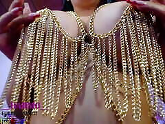 Sexy goddess plays with her big tits in chains outfit fuck big tits and sucks her nipples with a lot of pleasure