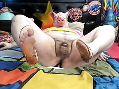 Pig-Masked, Chubby-Bear Riding BBC Dildo, While Laying Down. 1080p