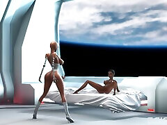 ein heißer futanari-sexroboter fickt ein schwarzes mädchen im science-fiction-schlafzimmer hart