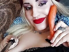 Ukrainian girl shows feet and play with vegetable
