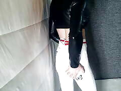 CD in white jeans and boydy seduces sitter jacket tease crossdresser