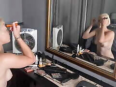 Pale small boobs bob worship devild blonde doing her makeup in front of the mirror