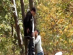 Hot dark haired jav gereb babe gets her shaved twat pounded in the woods