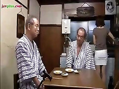 Young Asian daughter serves dad and his friend then gives him a bath