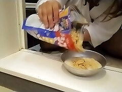 Eat cereal with pee and milk from the anus