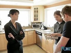 Hairy pussy and cock-squeezing asshole of lusty housewife are both fucked (FMM)