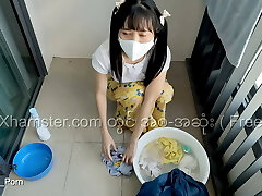 Myanmar Tiny Maid loves to bang while washing the clothes