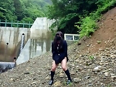 Cute Transgender jizzes lewdly as she exposes herself at a dam deep in the mountains.