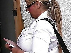 Big bosoms woman at work spreads legs for him