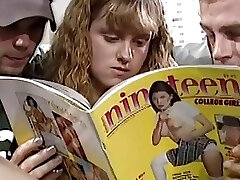 Teenager fellates a couple of dicks on the couch and get fucked