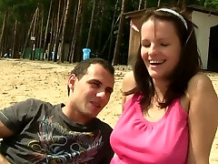 Alluring amateur dark-haired giving fancy titjob before getting her shaved pussy pounded in close up shoot outdoor