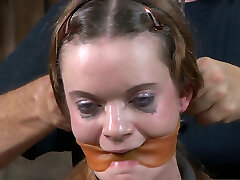 Skanky red-haired bi-atch cries getting her small tits slapped hard with manhood