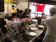 Kitchen maid in Asia Store gets fucked by every man in the Store