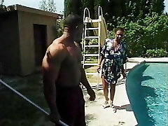 Horny ebony MILF gets on her knees and sucks the pool boy then fucks
