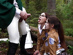 Attack on titan. Grubby threesome blowjob for commander in the forest