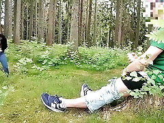 Dickflash in the forest, a stranger sucks a manhood and has semen on her tits