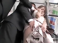 Asian cutie in skirt and pantyhose groped on train