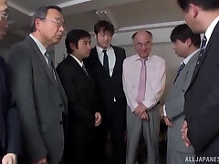 Busty Japanese slut gets gang banged by horny businessmen