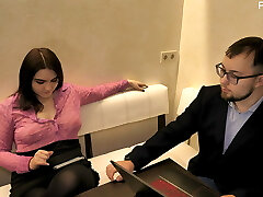 She screws her chief and swallows his cum in the kitchen