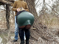 Squeezing my mother in law's fat ass in a leather skirt before she helps me pee outside