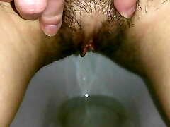 Russian mistress piss in your mouth, hairy pussy, close up peeing girl