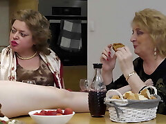 Dinner with pervert lesbians - 4 matures sharing one teenage