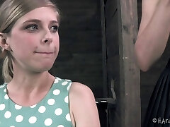 Cutie in a polka dot dress submits to painful restrain bondage
