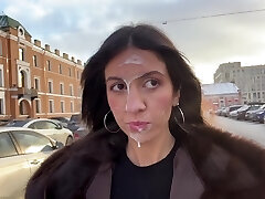 Perverted Russian slutty stunner Katty West jerk off a stranger in a car and got his semen on a face