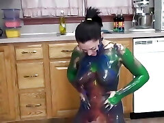 Horny slut undresses off underwear and gets messy on floor with assets paints