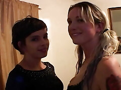 A Brunette and Blonde Lesbians Slap Each Other and Share a Dildo Until Orgasm